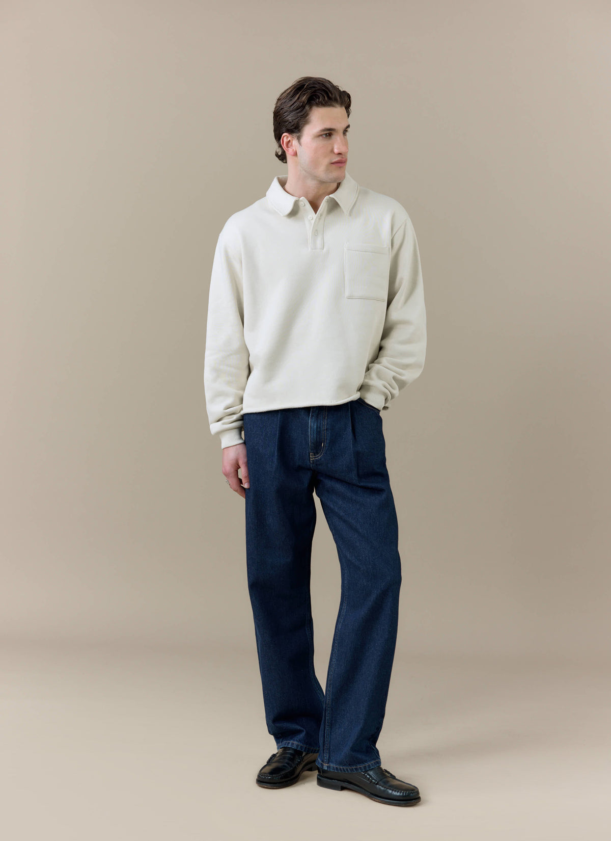 Men's Boxy Polo Sweatshirt - Cotton - Cream | Percival New