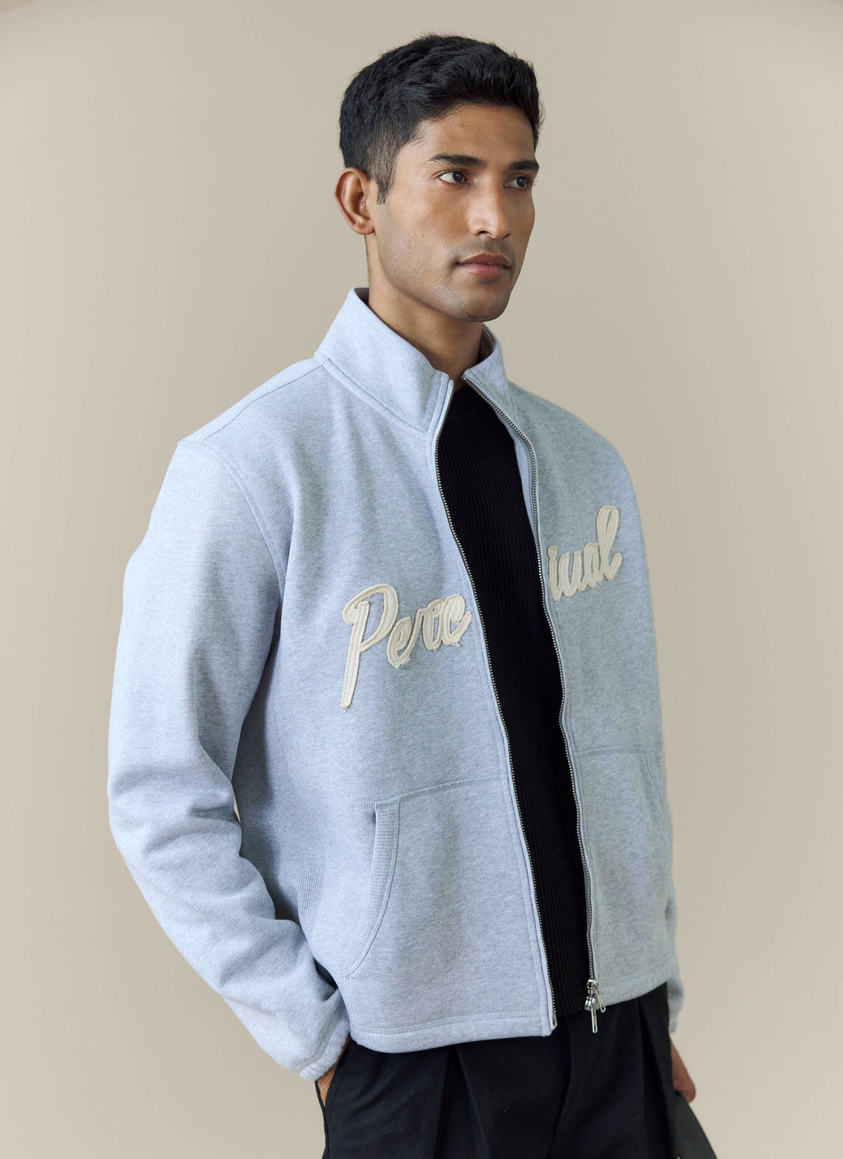 Men's Curtis Funnel Neck Zip Jumper - Cotton - Grey | Percival Exclusive