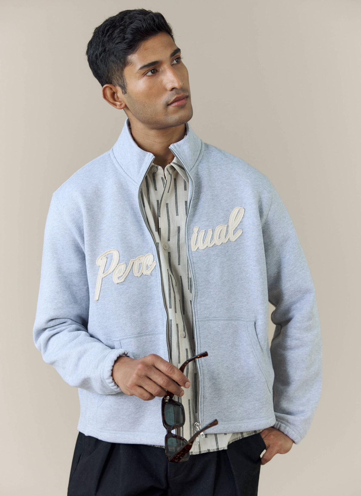 Men's Curtis Funnel Neck Zip Jumper - Cotton - Grey | Percival Exclusive