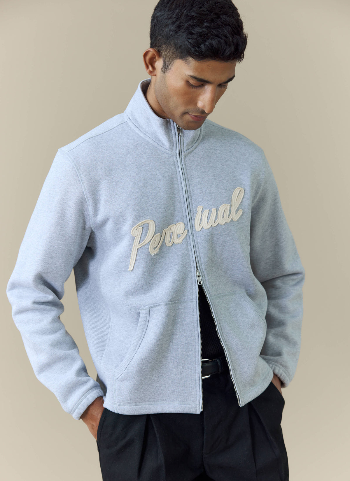 Men's Curtis Funnel Neck Zip Jumper - Cotton - Grey | Percival Exclusive
