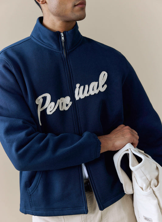 Men's Curtis Funnel Neck Zip Jumper - Cotton - Navy | Percival Featured