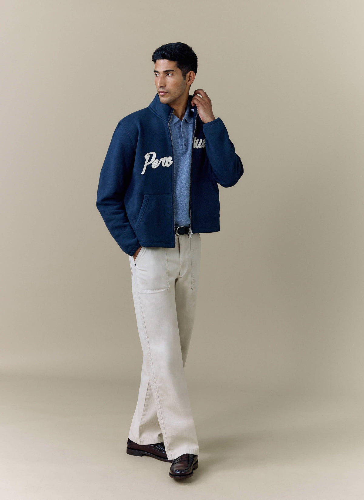 Men's Curtis Funnel Neck Zip Jumper - Cotton - Navy | Percival Featured