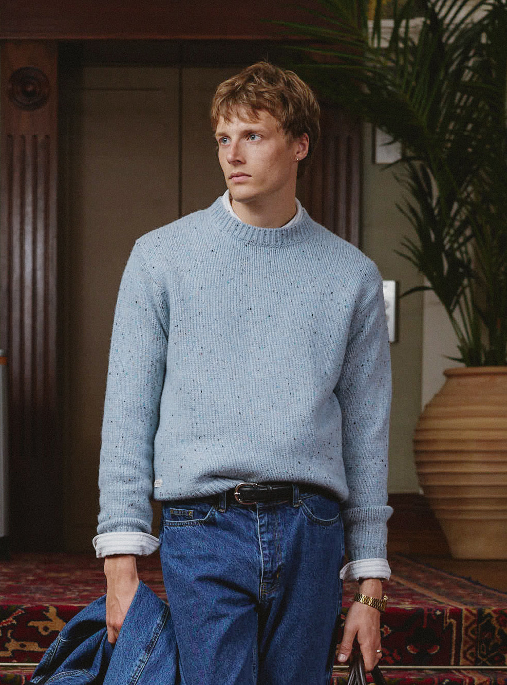 Men's Donegal Crew Neck Jumper: Rhodes - Blue - Cotton - Percival | Percival New