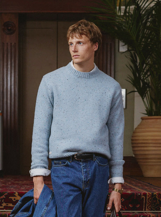 Men's Donegal Crew Neck Jumper: Rhodes - Blue - Cotton - Percival | Percival New
