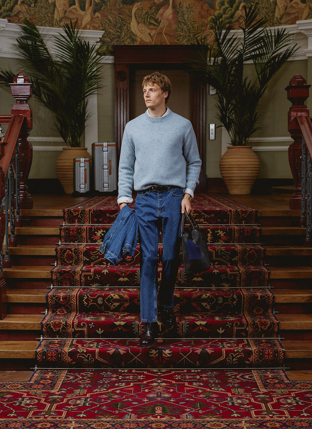 Men's Donegal Crew Neck Jumper: Rhodes - Blue - Cotton - Percival | Percival New