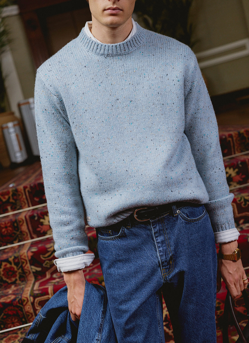 Men's Donegal Crew Neck Jumper: Rhodes - Blue - Cotton - Percival | Percival New
