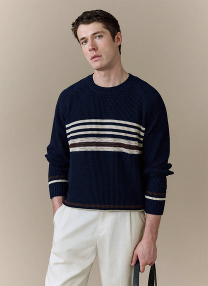 Men's Knitted Jumper - Sergio - Cotton - Navy | Percival Signature