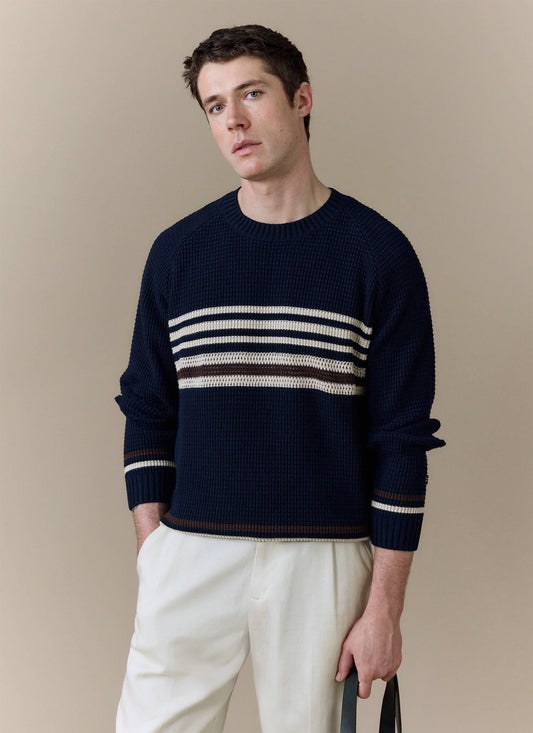 Men's Knitted Jumper - Sergio - Cotton - Navy | Percival Signature