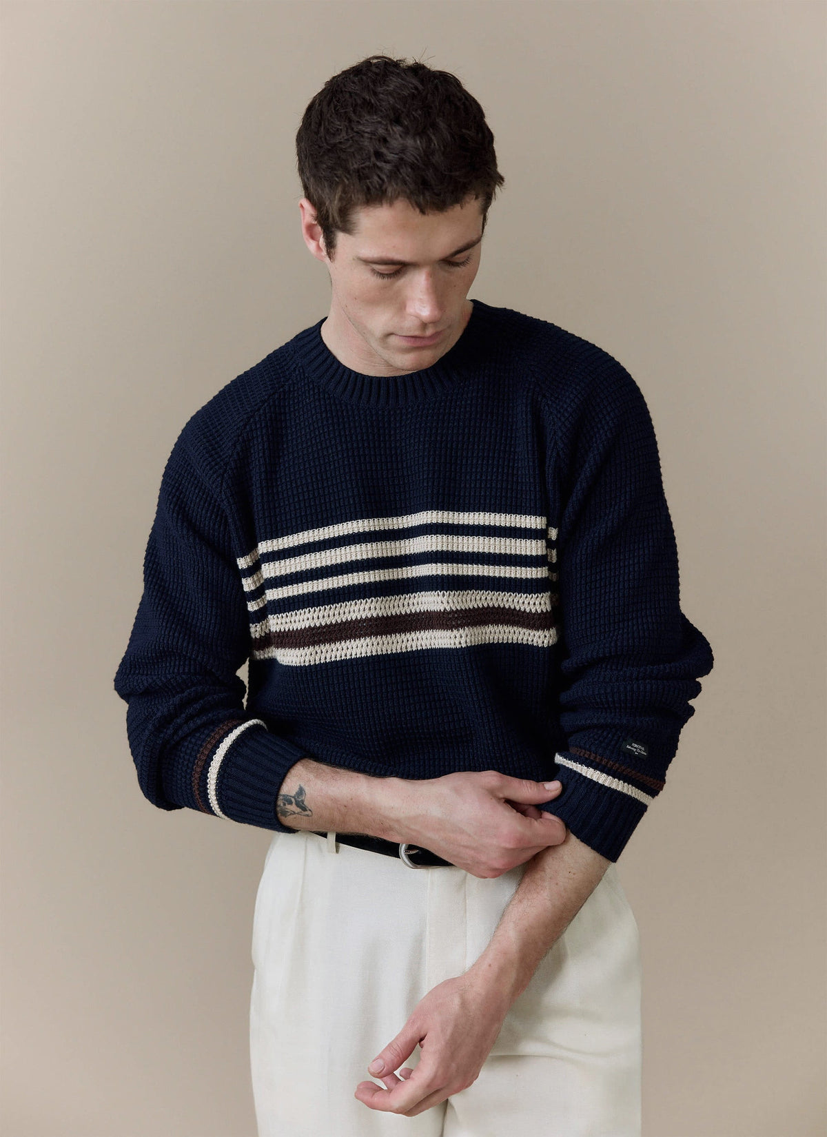 Men's Knitted Jumper - Sergio - Cotton - Navy | Percival Signature
