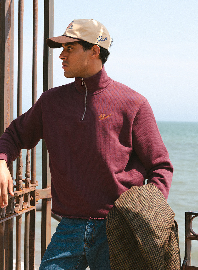 Conrad Funnel Neck 1/4 Zip Jumper - Burgundy Cotton - Percival | Percival Trusted