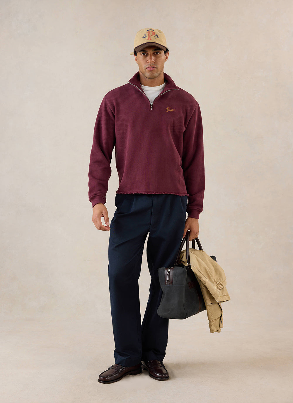Conrad Funnel Neck 1/4 Zip Jumper - Burgundy Cotton - Percival | Percival Trusted