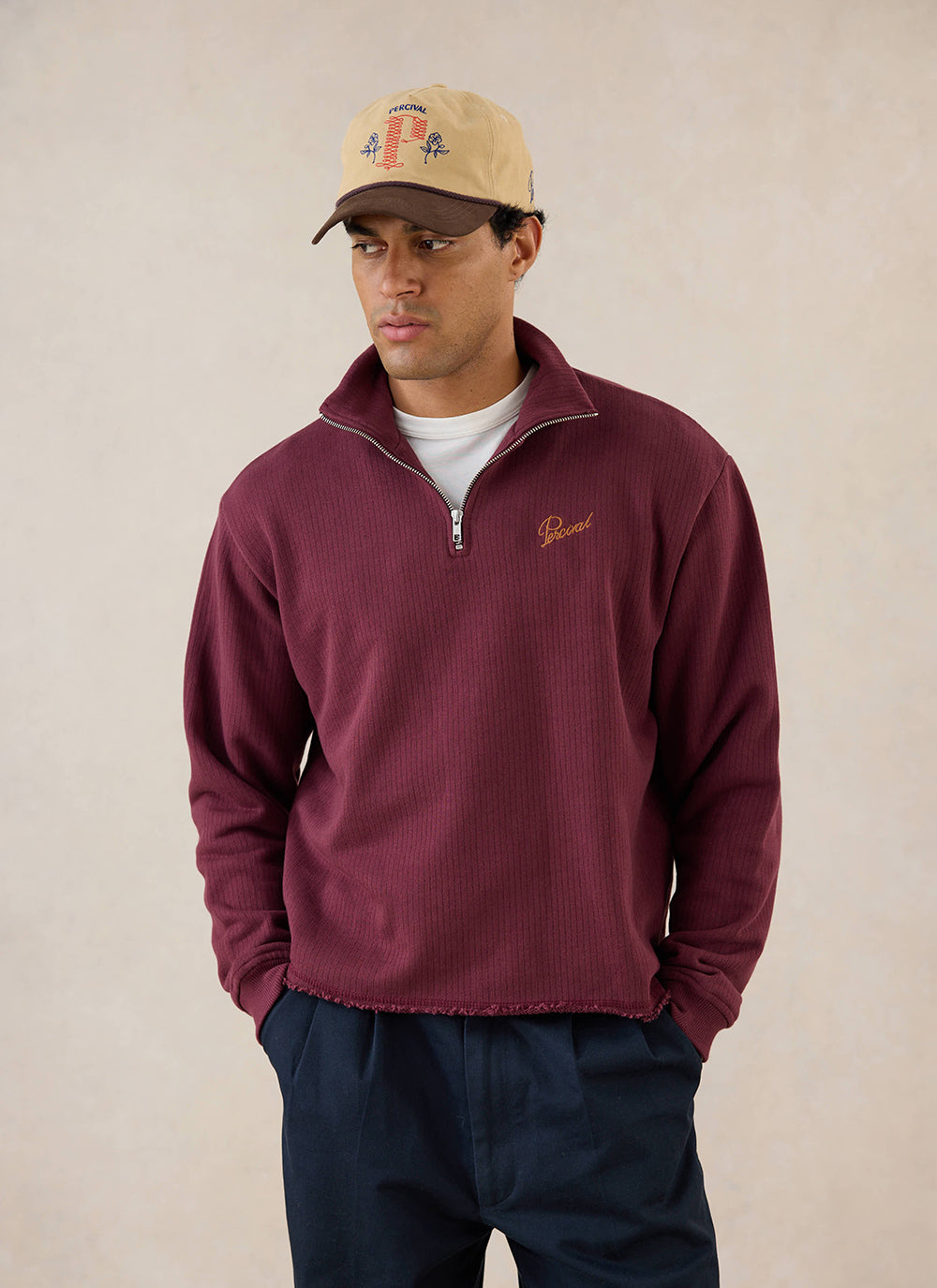 Conrad Funnel Neck 1/4 Zip Jumper - Burgundy Cotton - Percival | Percival Trusted