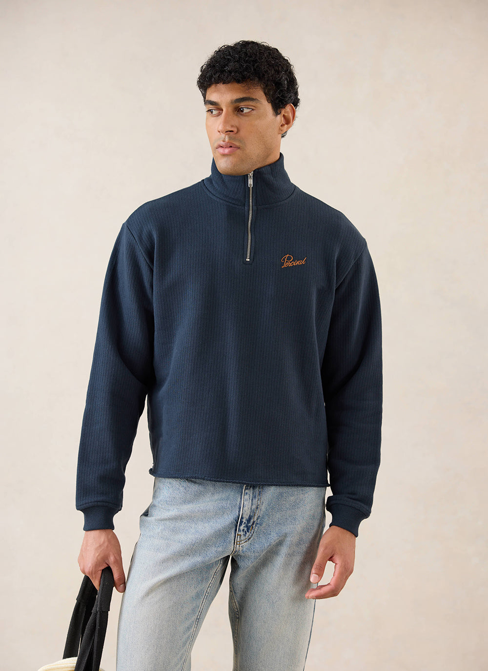 Conrad Funnel Neck 1/4 Zip Jumper - Navy Cotton - Percival | Percival Quality