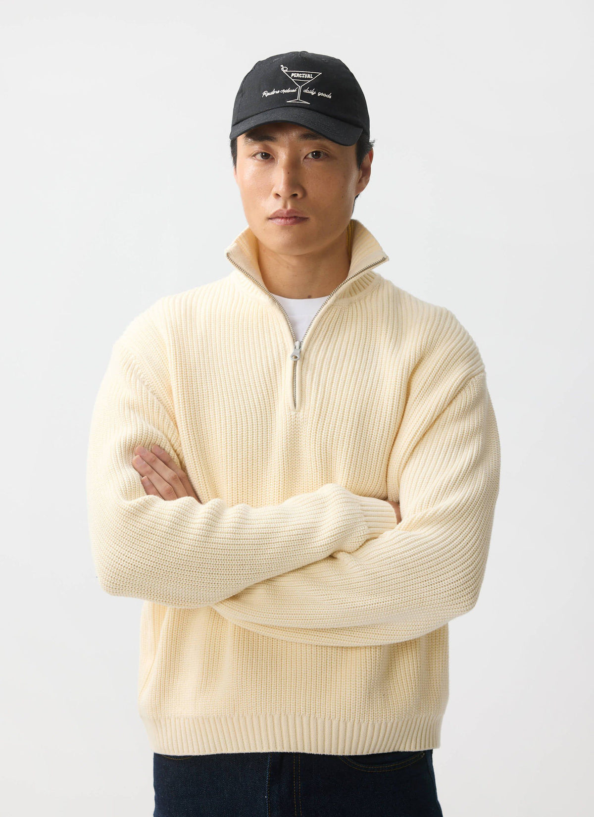 Men's Quarter Zip Knit Jumper - Cotton - Cream | Percival Classic
