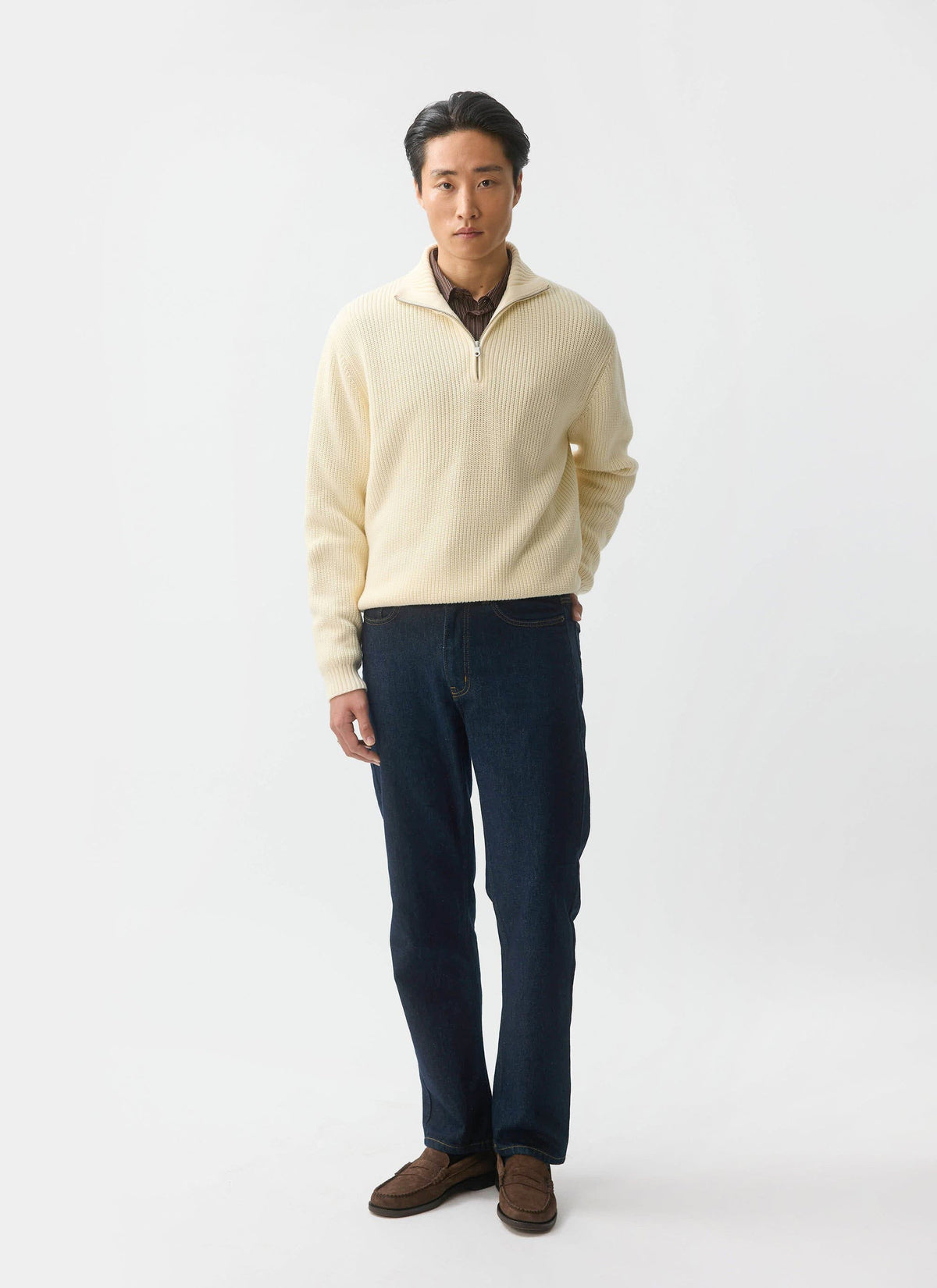 Men's Quarter Zip Knit Jumper - Cotton - Cream | Percival Classic