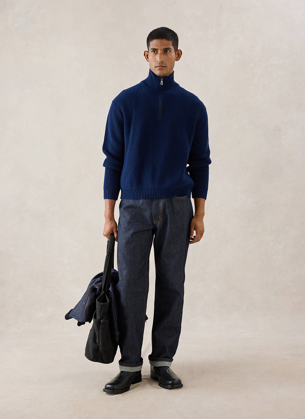 Meyer Boxy Quarter Zip - Navy Cotton - Percival | Percival Top Pick