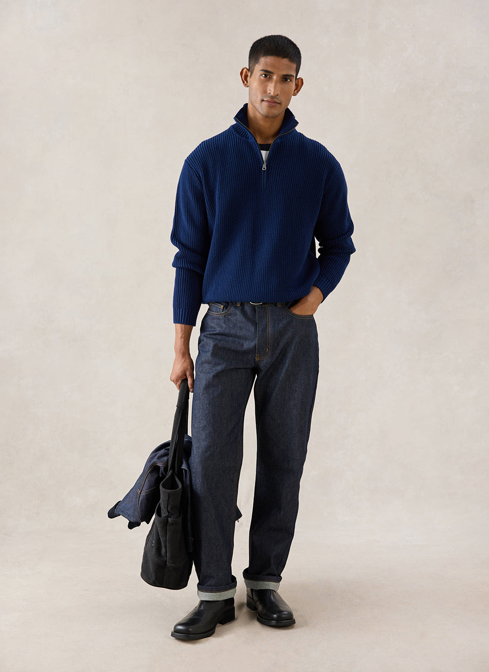 Meyer Boxy Quarter Zip - Navy Cotton - Percival | Percival Top Pick