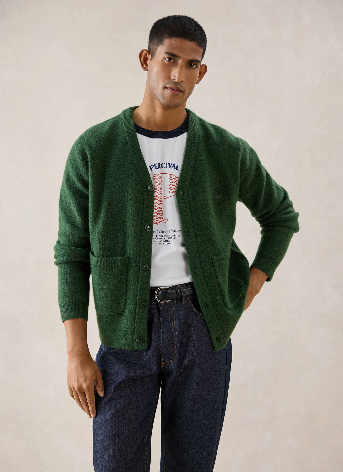 Men's White Glove Mohair Cardigan - Forest Green - Percival | Percival Signature