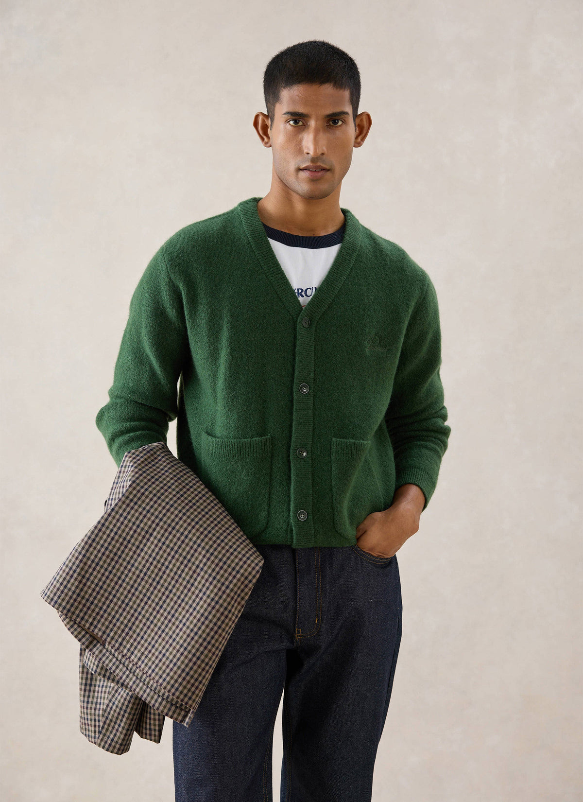 Men's White Glove Mohair Cardigan - Forest Green - Percival | Percival Signature