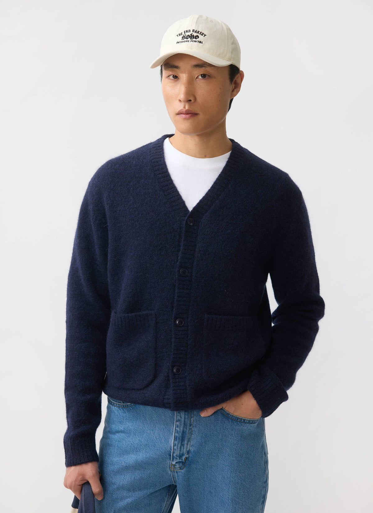 Men's Navy Mohair Cardigan - White Glove | Percival Signature