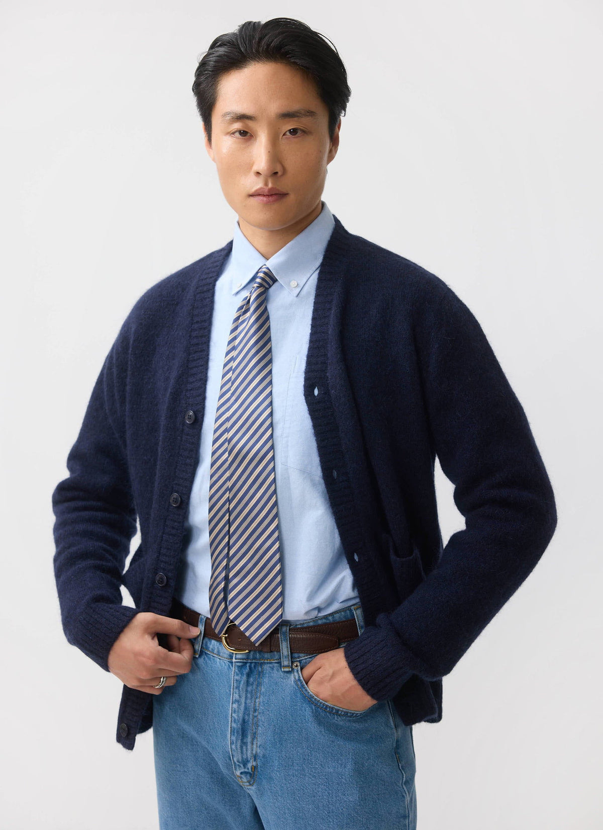 Men's Navy Mohair Cardigan - White Glove | Percival Signature