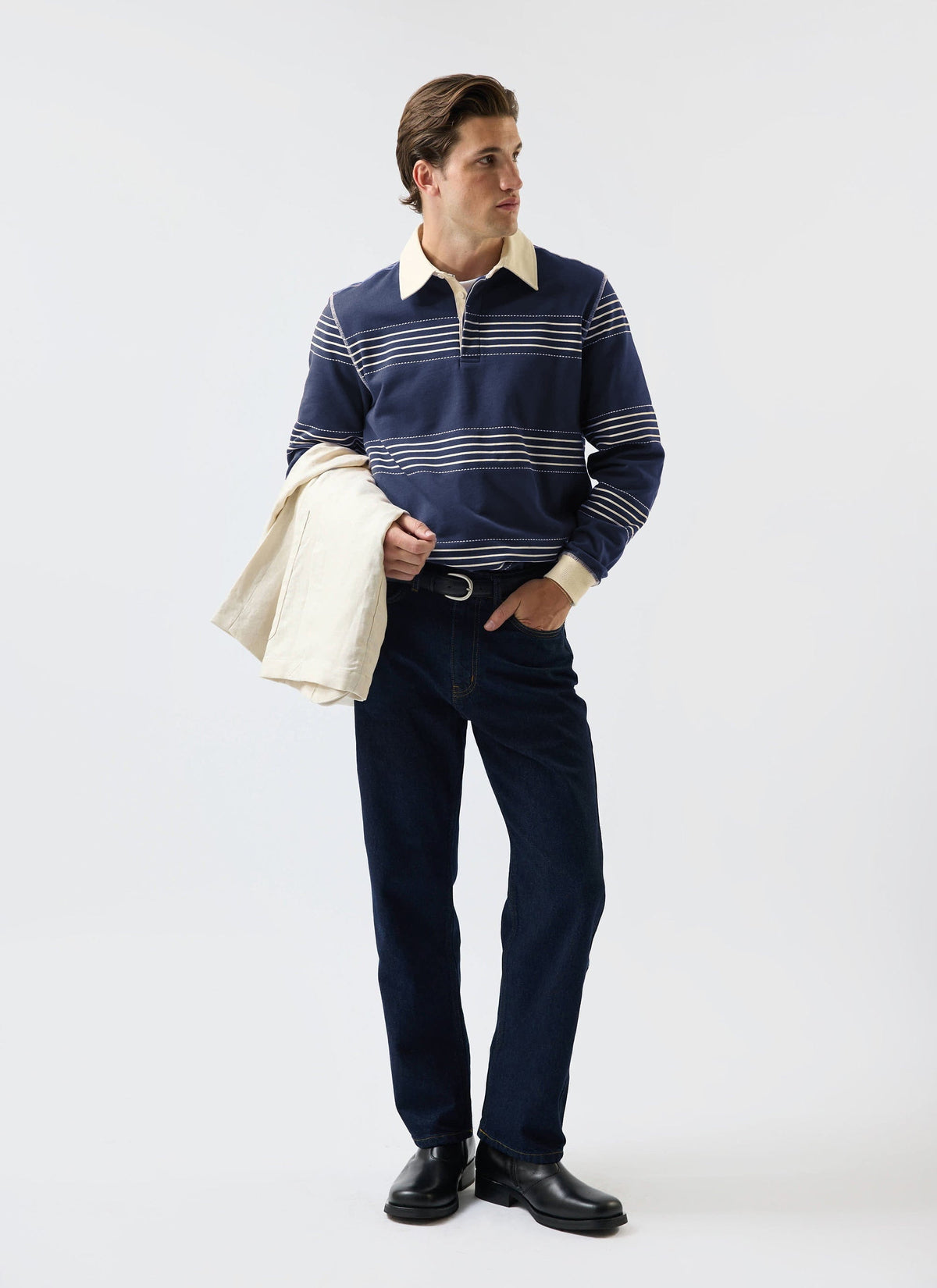 Men's Long Sleeve Rugby Polo​: Editor Striped - Cotton - Navy | Percival Trending