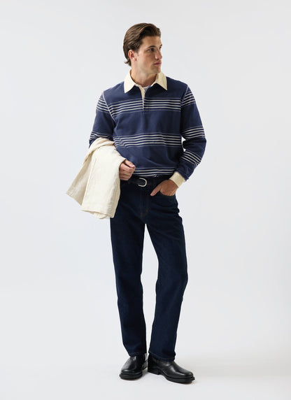 Men's Long Sleeve Rugby Polo​: Editor Striped - Cotton - Navy | Percival Trending