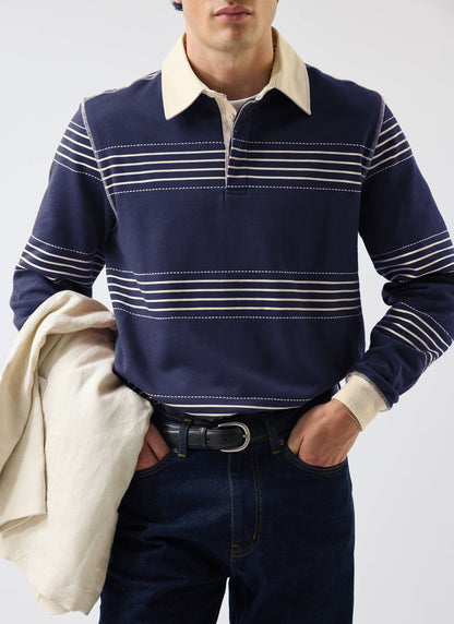 Men's Long Sleeve Rugby Polo​: Editor Striped - Cotton - Navy | Percival Trending