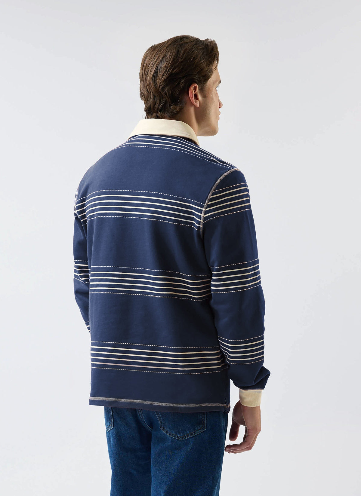 Men's Long Sleeve Rugby Polo​: Editor Striped - Cotton - Navy | Percival Trending