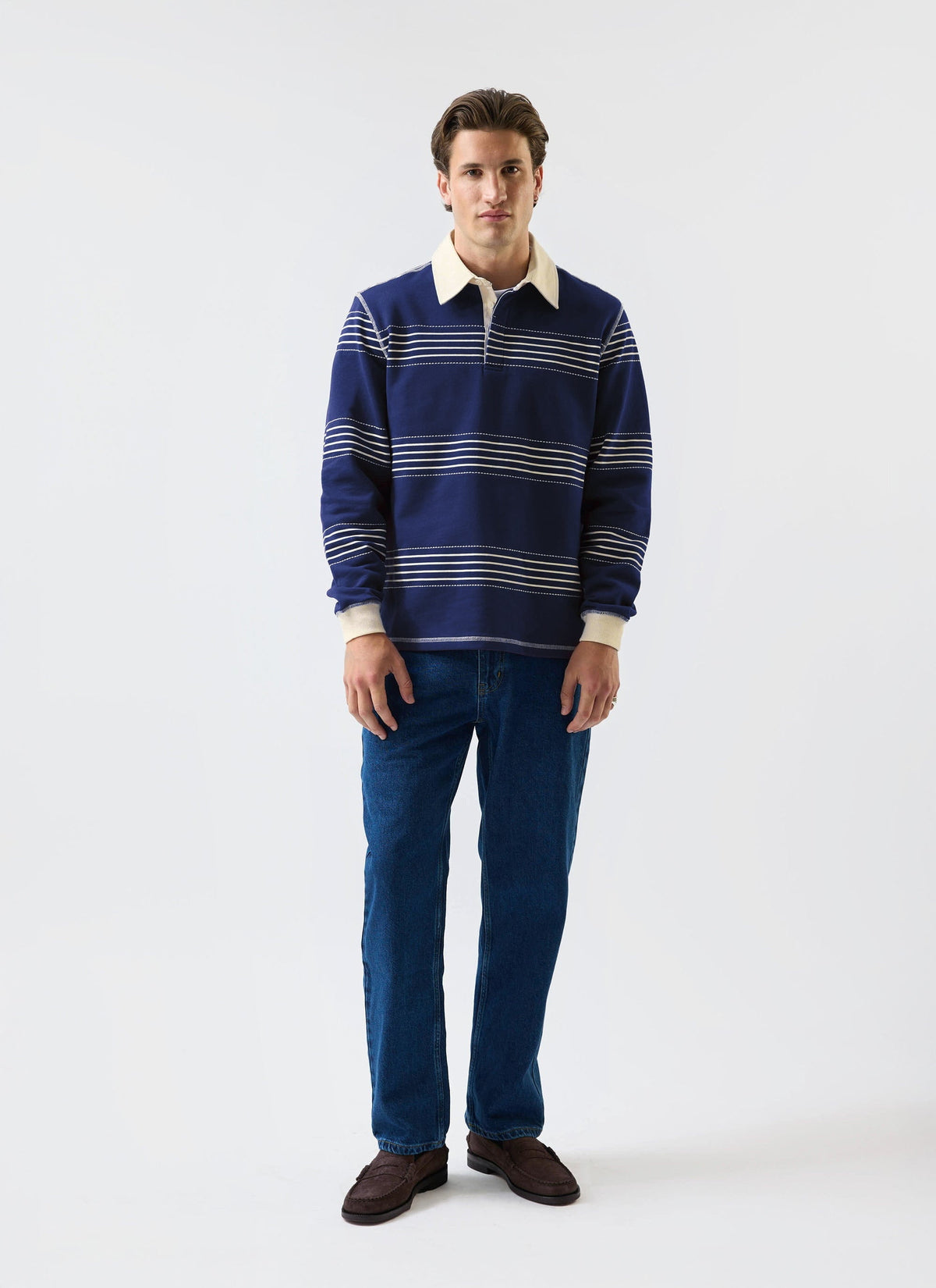 Men's Long Sleeve Rugby Polo​: Editor Striped - Cotton - Navy | Percival Trending
