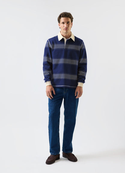 Men's Long Sleeve Rugby Polo​: Editor Striped - Cotton - Navy | Percival Trending