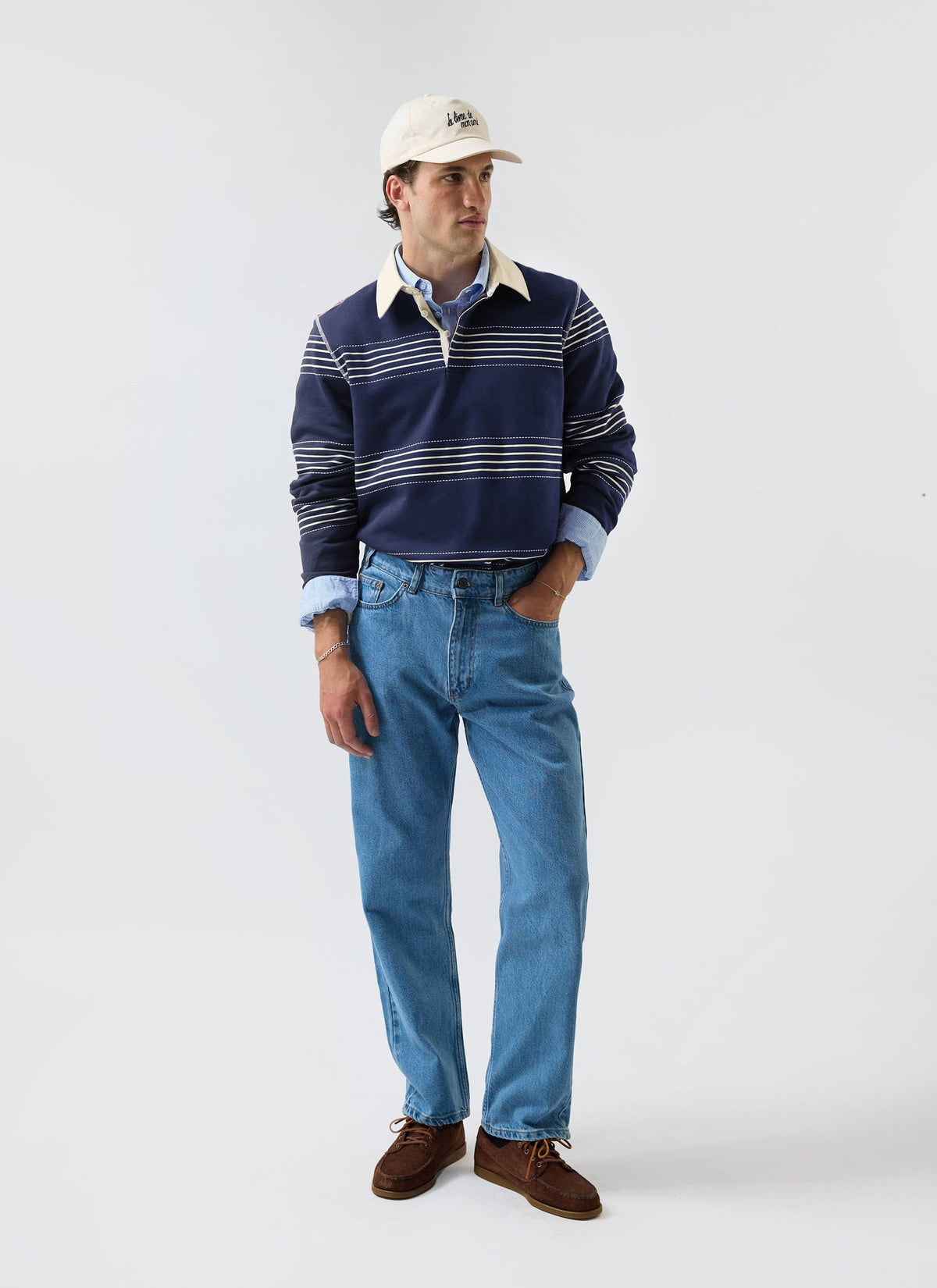 Men's Long Sleeve Rugby Polo​: Editor Striped - Cotton - Navy | Percival Trending