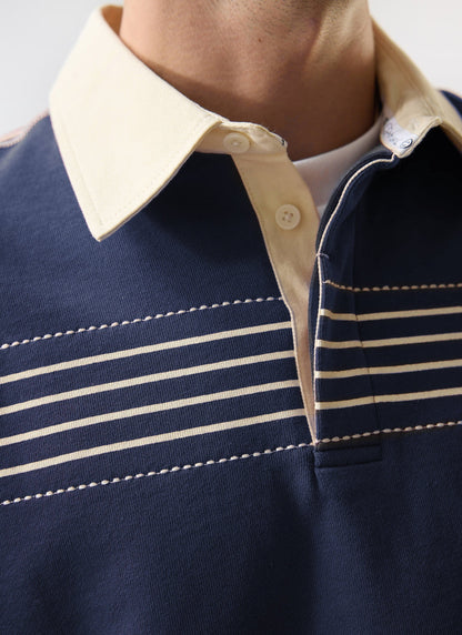 Men's Long Sleeve Rugby Polo​: Editor Striped - Cotton - Navy | Percival Trending