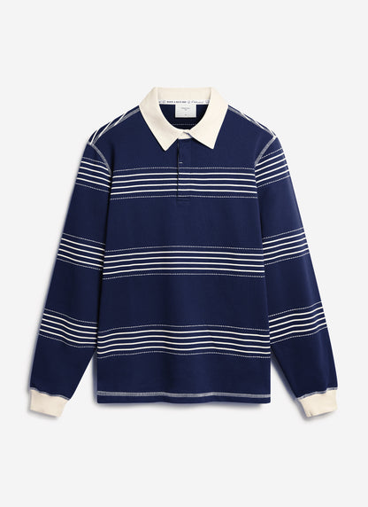 Men's Long Sleeve Rugby Polo​: Editor Striped - Cotton - Navy | Percival Trending