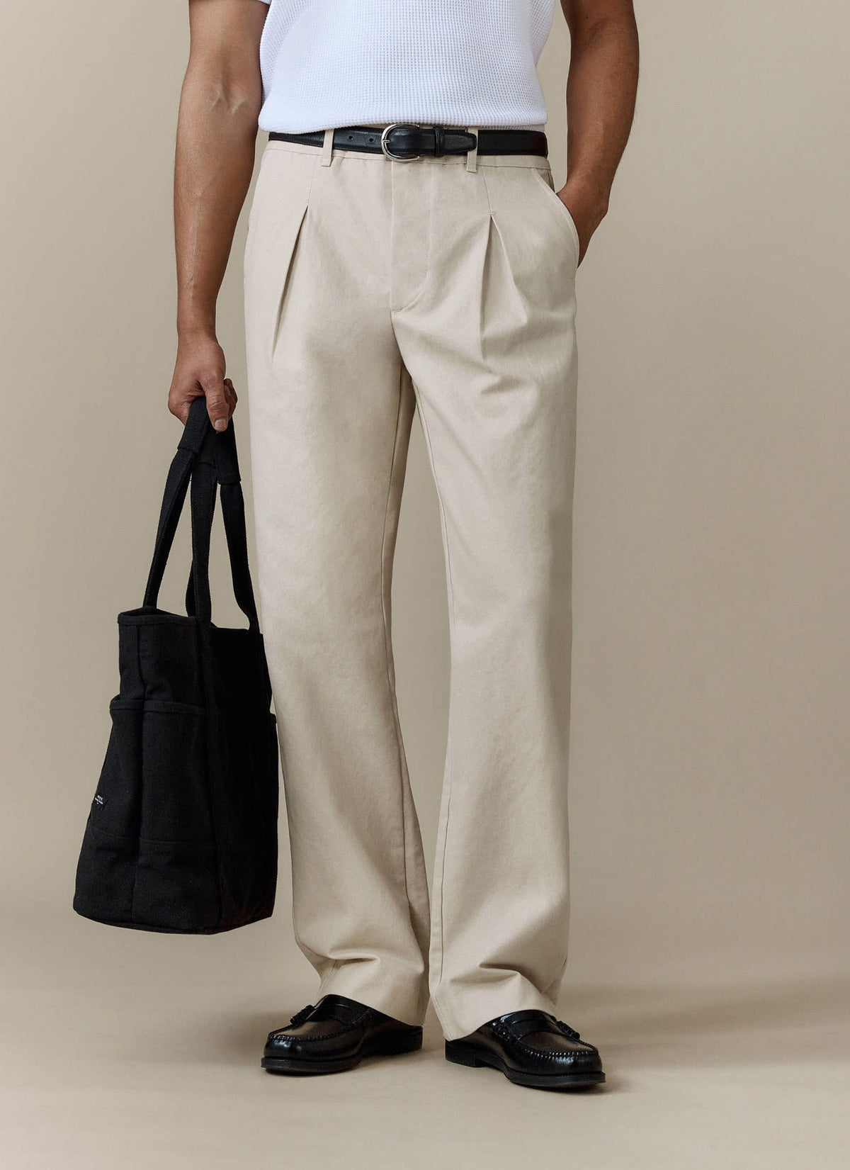 Men's Double Pleated Trousers - Seb - Straight Leg - Cream | Percival Exclusive