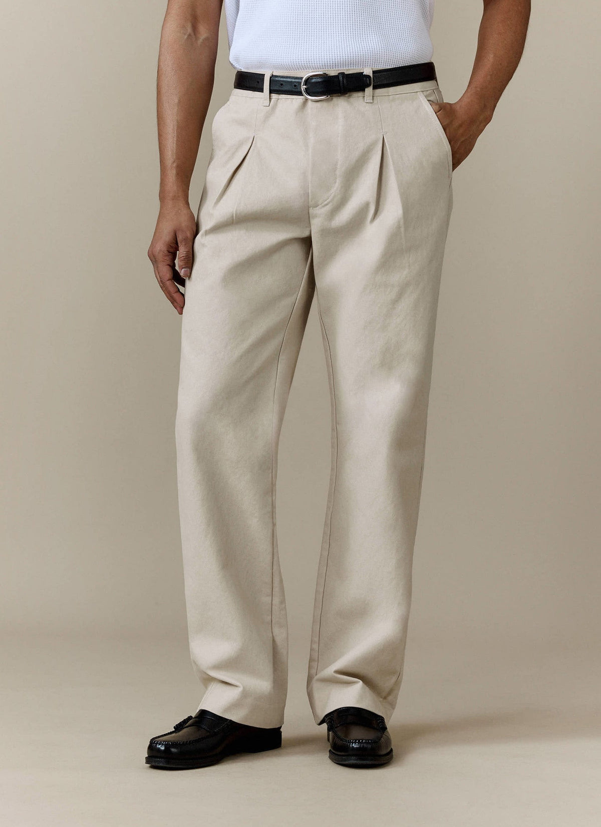 Men's Double Pleated Trousers - Seb - Straight Leg - Cream | Percival Exclusive