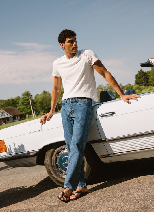 Men's Straight Leg Jeans - Heritage Denim - Cotton - Mid Wash Blue - Percival | Percival Featured