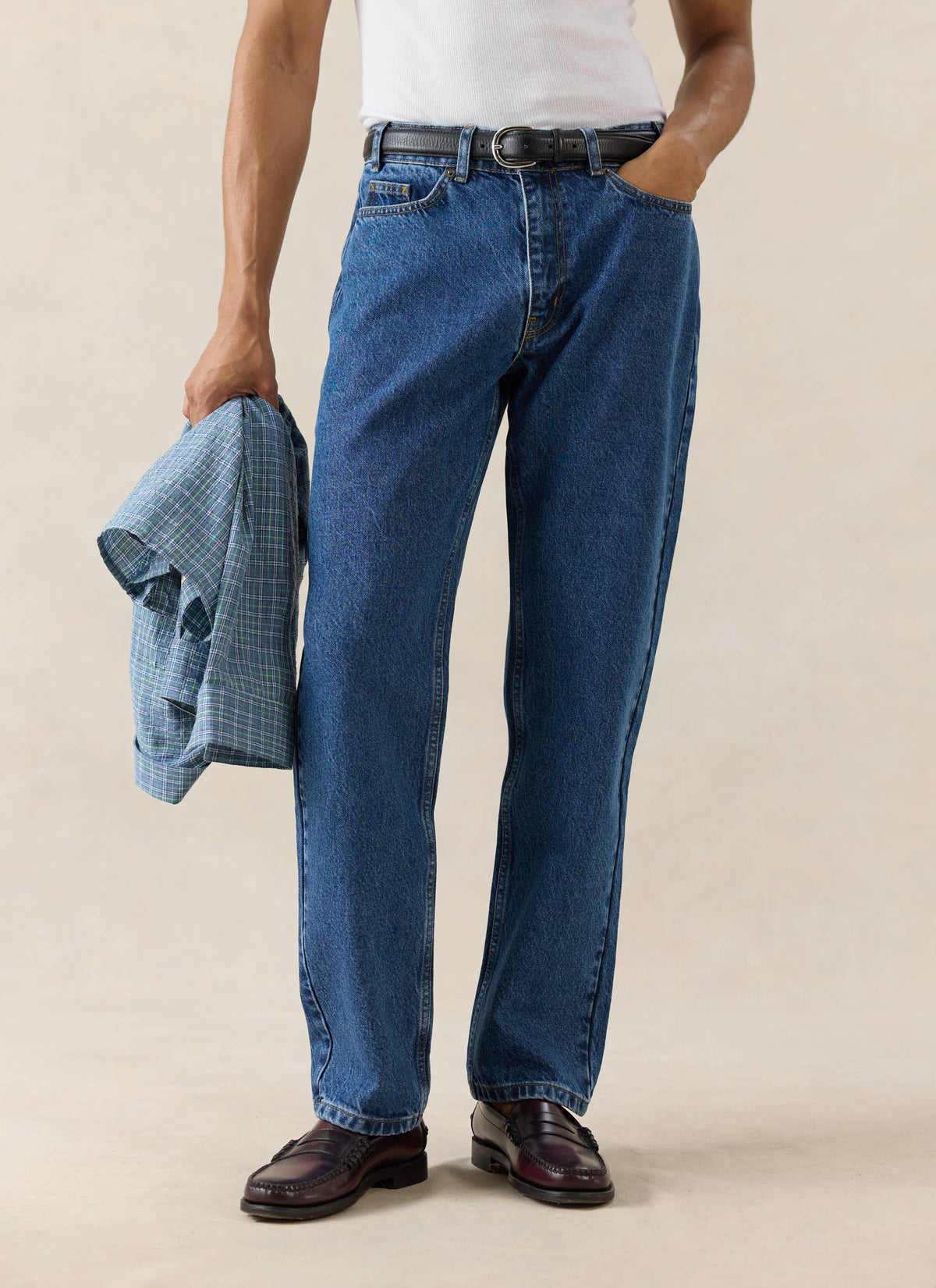 Men's Straight Leg Jeans - Heritage Denim - Cotton - Mid Wash Blue - Percival | Percival Featured