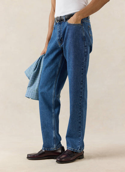Men's Straight Leg Jeans - Heritage Denim - Cotton - Mid Wash Blue - Percival | Percival Featured