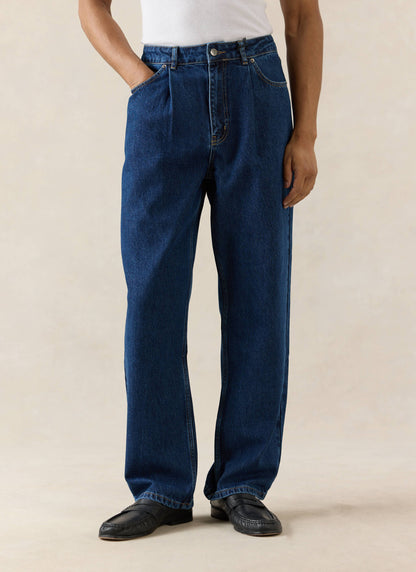 Men's Pleated Denim Jeans - 12oz Mid Wash Blue | Percival Exclusive