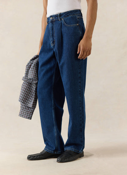 Men's Pleated Denim Jeans - 12oz Mid Wash Blue | Percival Exclusive