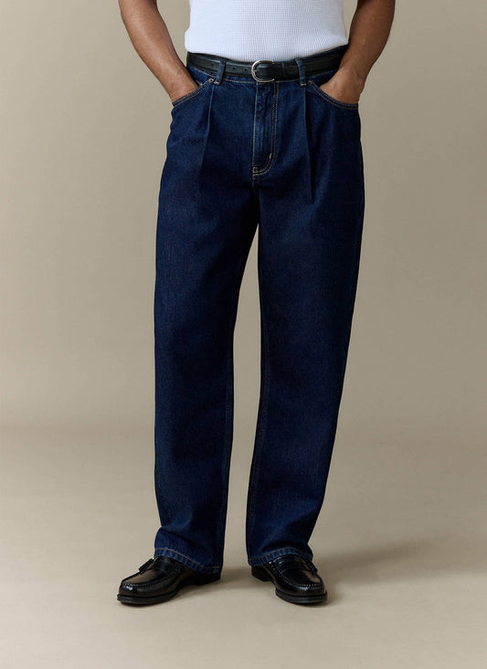 Men's Raw Pleated Denim Jeans - 100% Cotton - Dark Indigo Blue | Percival Deals