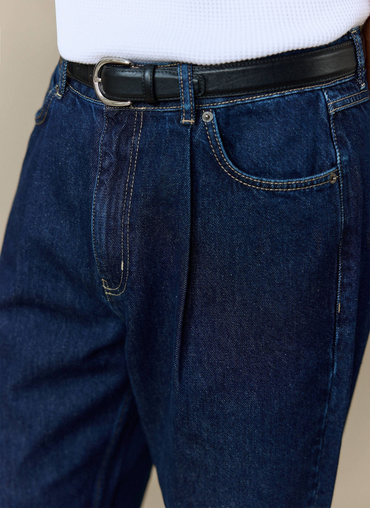 Men's Raw Pleated Denim Jeans - 100% Cotton - Dark Indigo Blue | Percival Deals