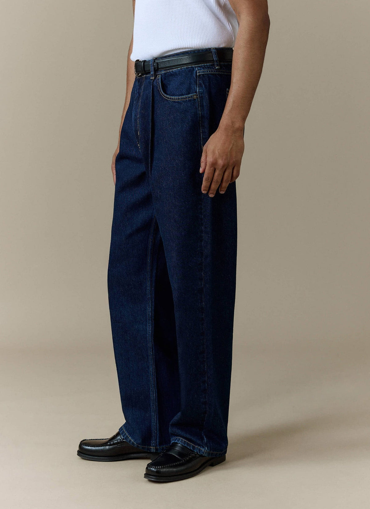 Men's Raw Pleated Denim Jeans - 100% Cotton - Dark Indigo Blue | Percival Deals
