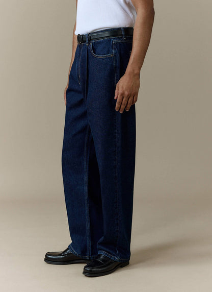 Men's Raw Pleated Denim Jeans - 100% Cotton - Dark Indigo Blue | Percival Deals