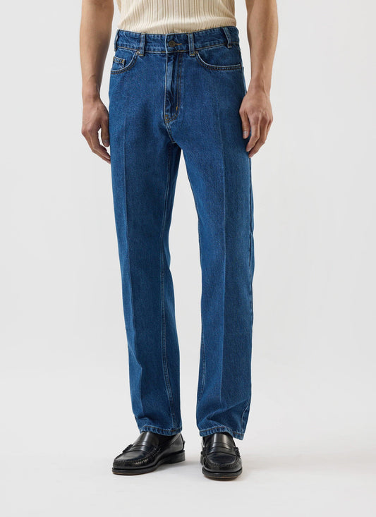Men's Straight Leg Denim Jeans: Stay Press - Cotton - Mid Wash Blue | Percival Sale
