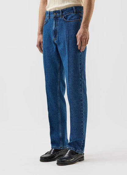 Men's Straight Leg Denim Jeans: Stay Press - Cotton - Mid Wash Blue | Percival Sale