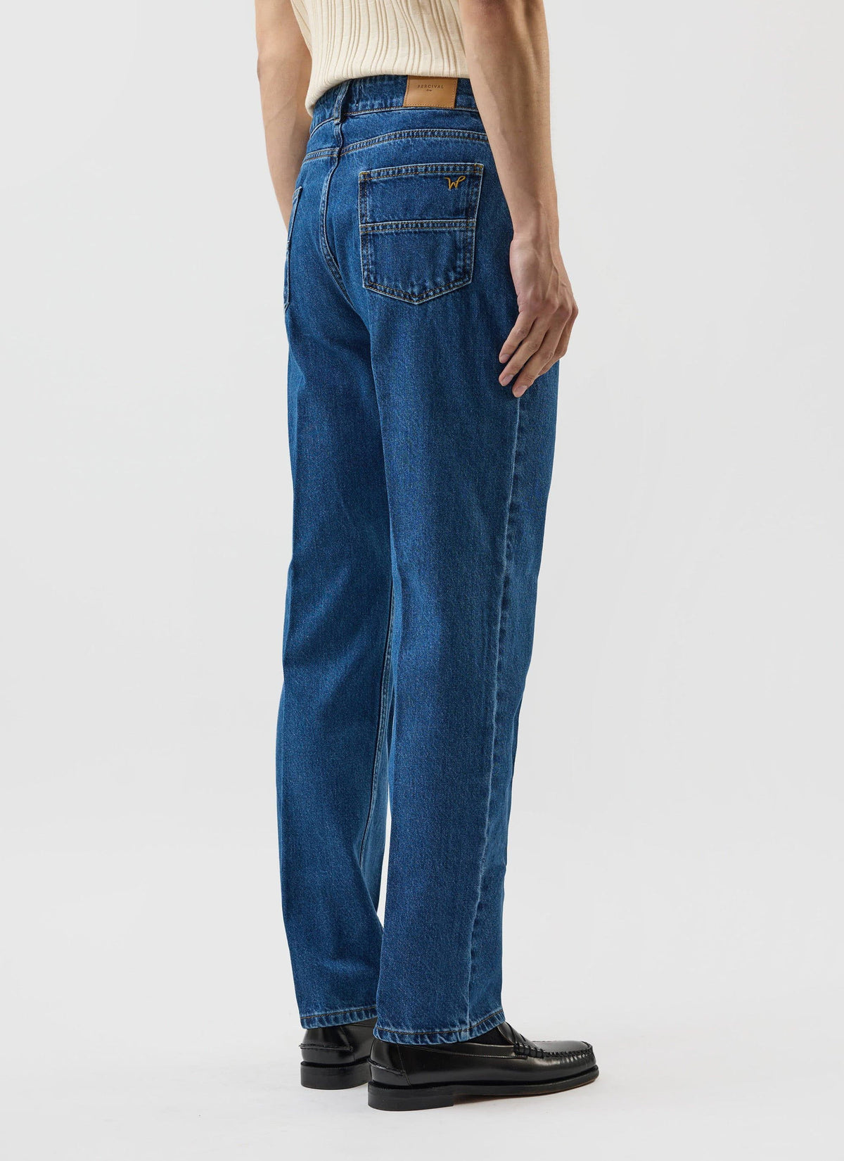 Men's Straight Leg Denim Jeans: Stay Press - Cotton - Mid Wash Blue | Percival Sale