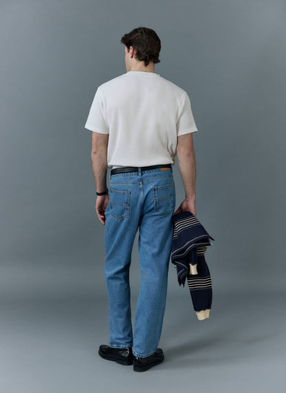 Men's Straight Leg Denim Jeans - BCI Cotton - Light Wash Blue | Percival New