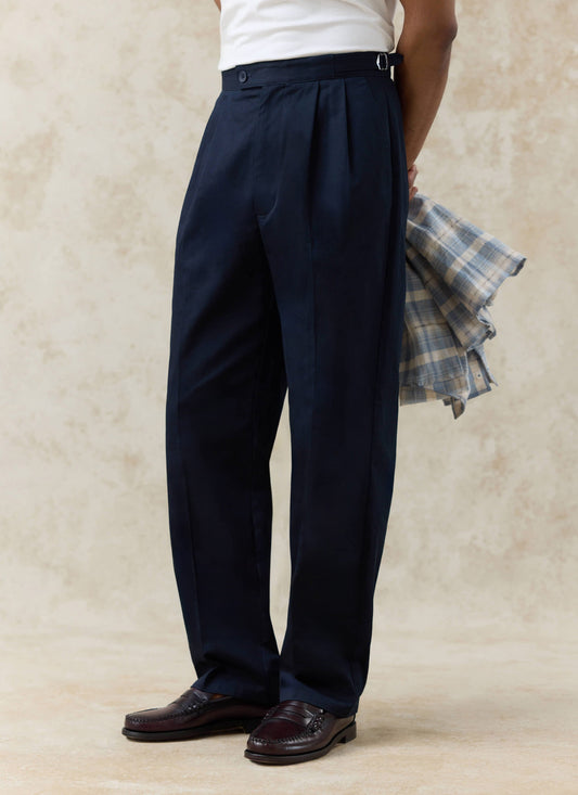 Men's Tailored Pleated Trousers - Cotton - Navy Blue | Percival Deals
